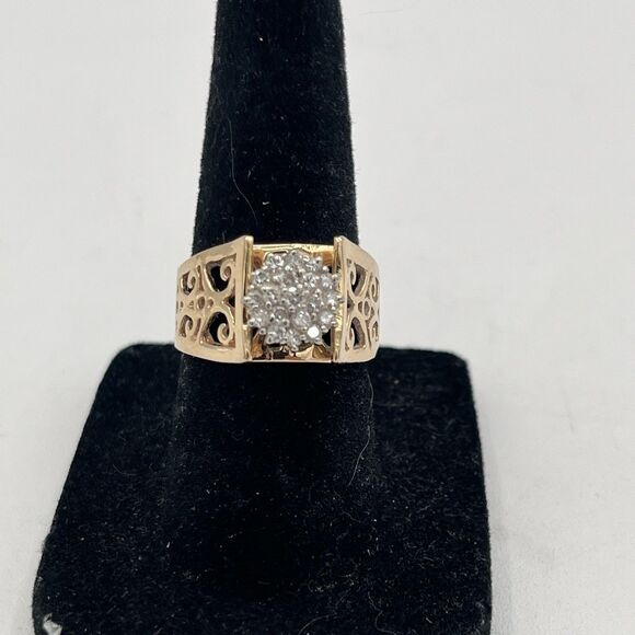 VINTAGE 14K YELLOW GOLD 20 DIAMOND CLUSTER RING FILIGREE SIZE 6 - Picture 7 of 9